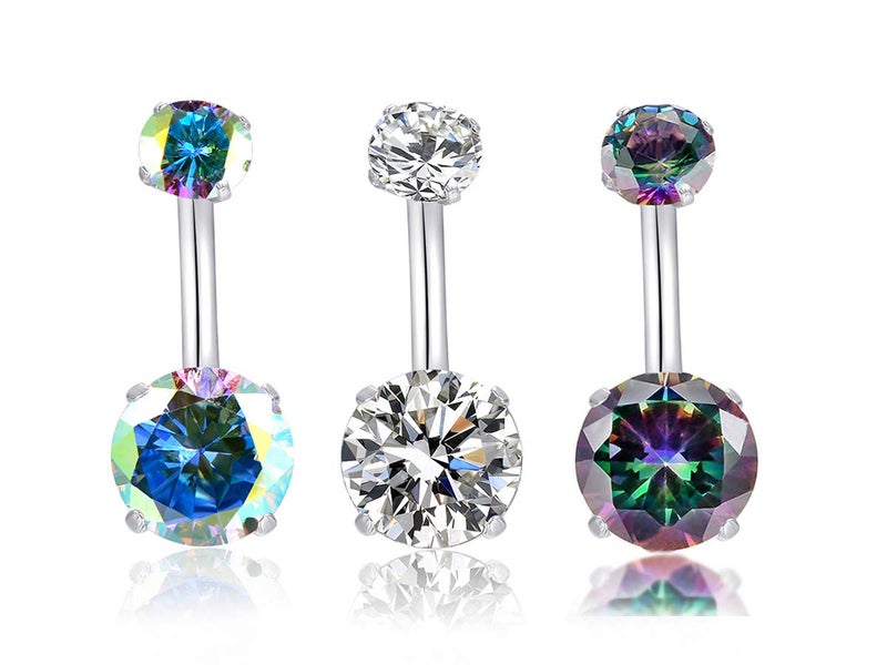 HQLA 14G Belly Button Rings Surgical Stainless Steel Round Cubic Zirconia Navel Barbell Stud Body Piercing (3Pcs(Clear+AB+Black Colorful)) - Image 1